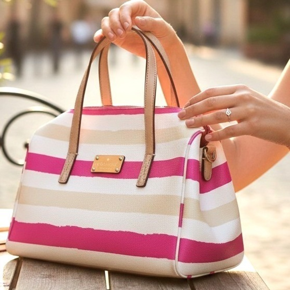 Kate Spade New York Striped Satchel Handbag Pink Tan White Leather Trim Zip Top